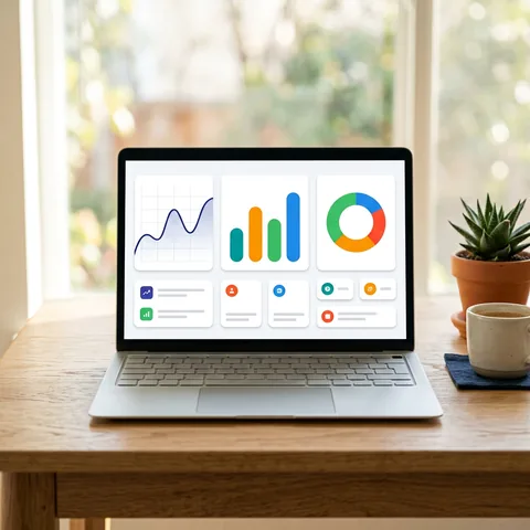 Laptop showing an analytics dashboard, used as the square image in an illustrative ad